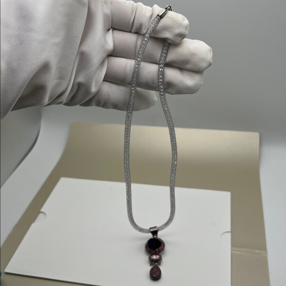 Elegant Drusy, Titanium & Rose Quartz Iridescent Crystal Mesh Tube Necklace NIB - Picture 16 of 17